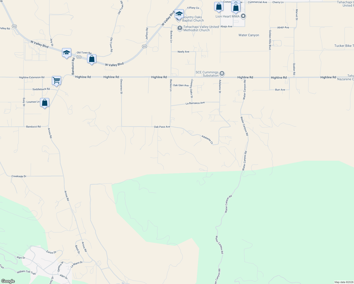 map of restaurants, bars, coffee shops, grocery stores, and more near 2 Tehachapi Boulevard in Tehachapi