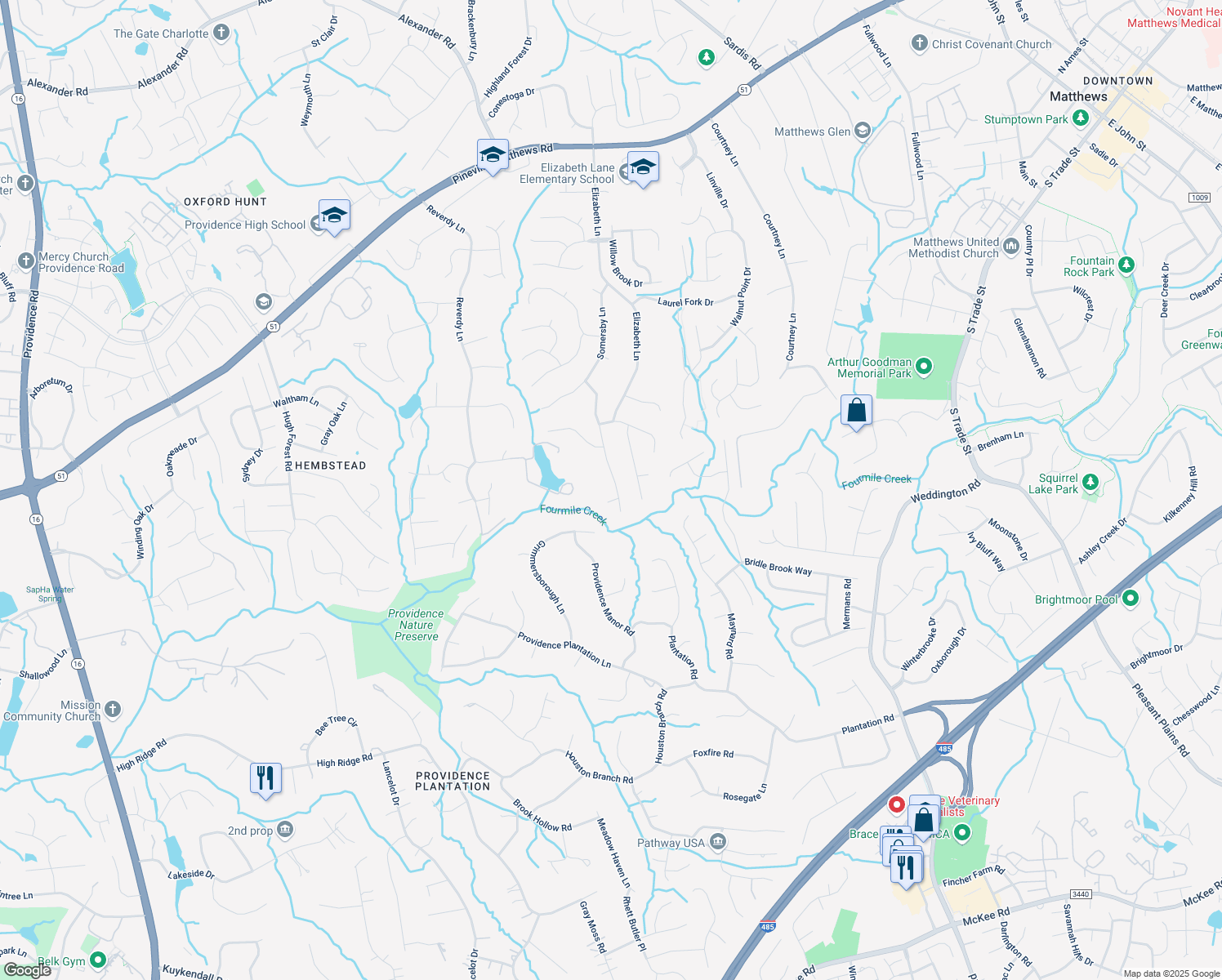map of restaurants, bars, coffee shops, grocery stores, and more near 808 Stanhope Lane in Matthews