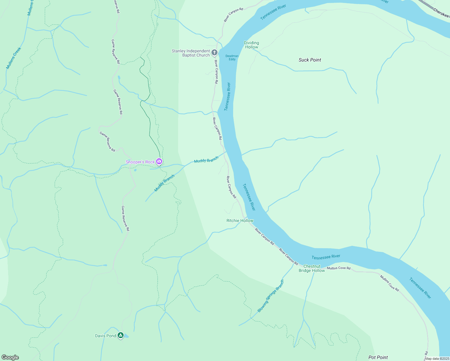map of restaurants, bars, coffee shops, grocery stores, and more near 19082 River Canyon Road in Chattanooga