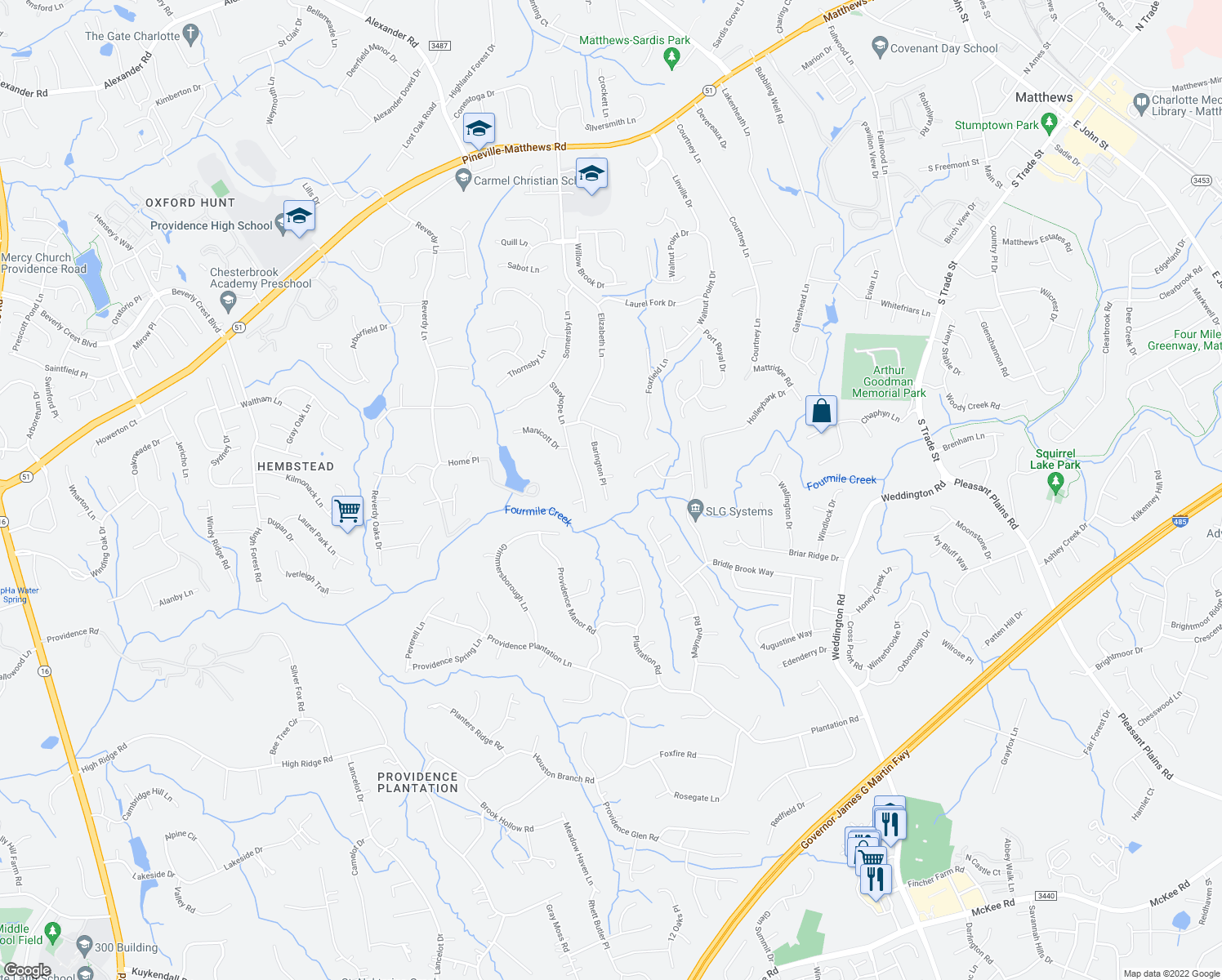 map of restaurants, bars, coffee shops, grocery stores, and more near 733 Barington Place in Matthews