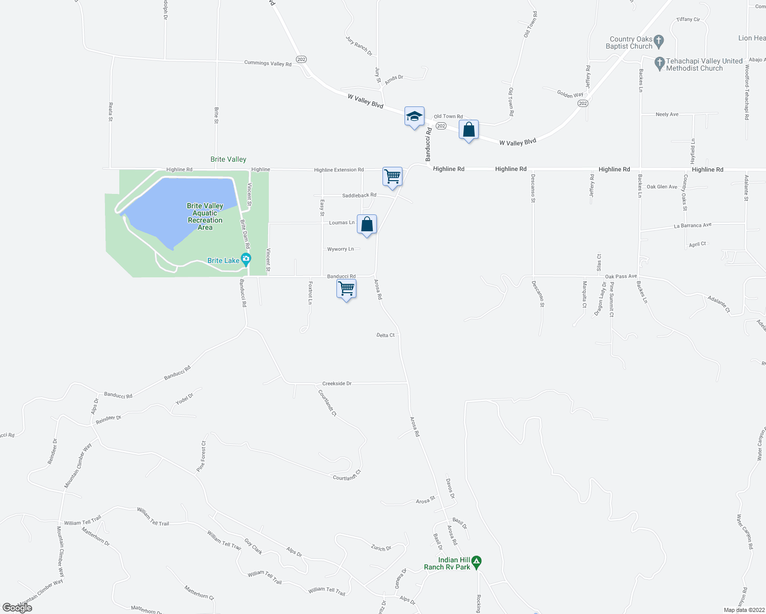 map of restaurants, bars, coffee shops, grocery stores, and more near Arosa Road in Tehachapi