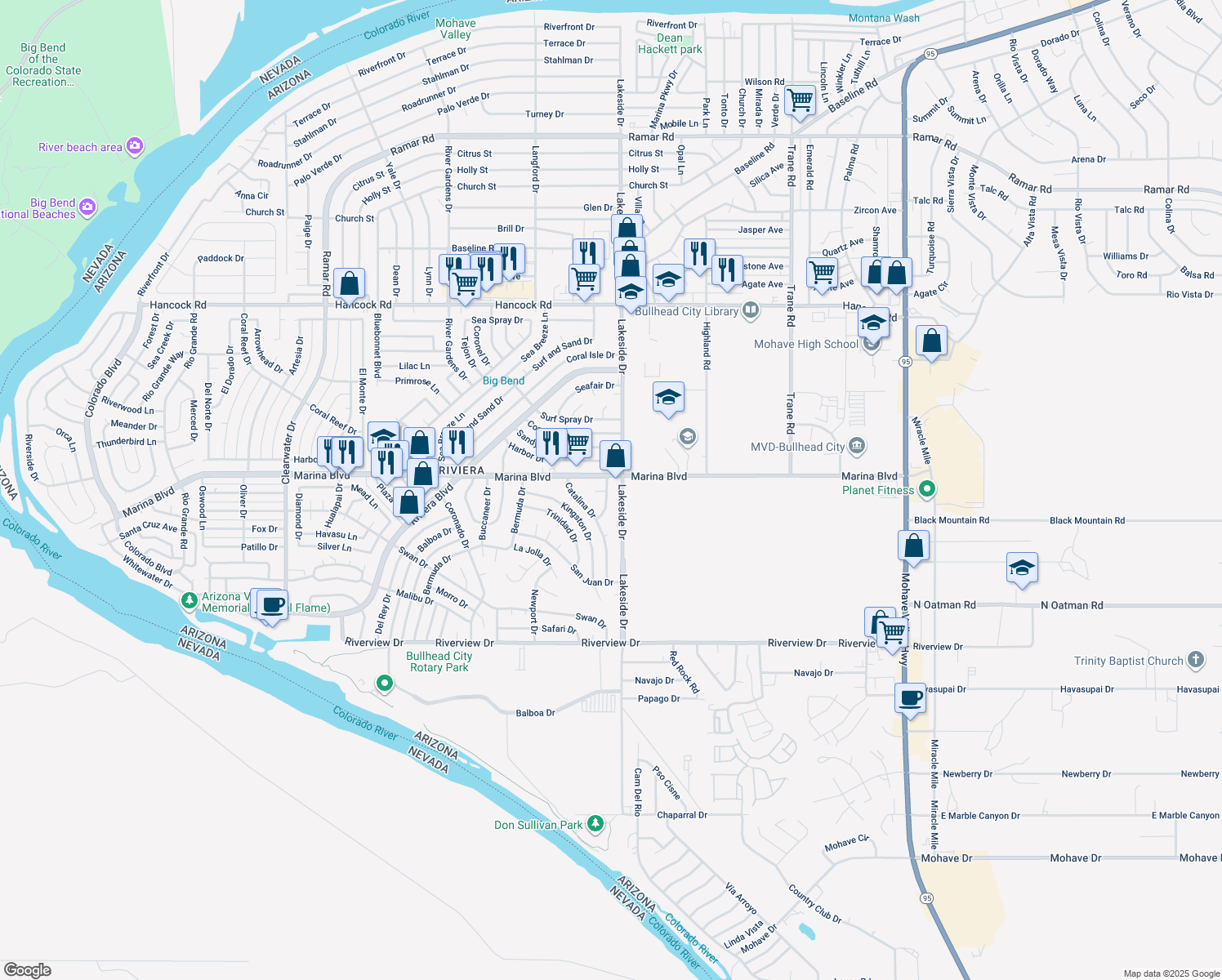 map of restaurants, bars, coffee shops, grocery stores, and more near 2020 Bahama Drive in Bullhead City
