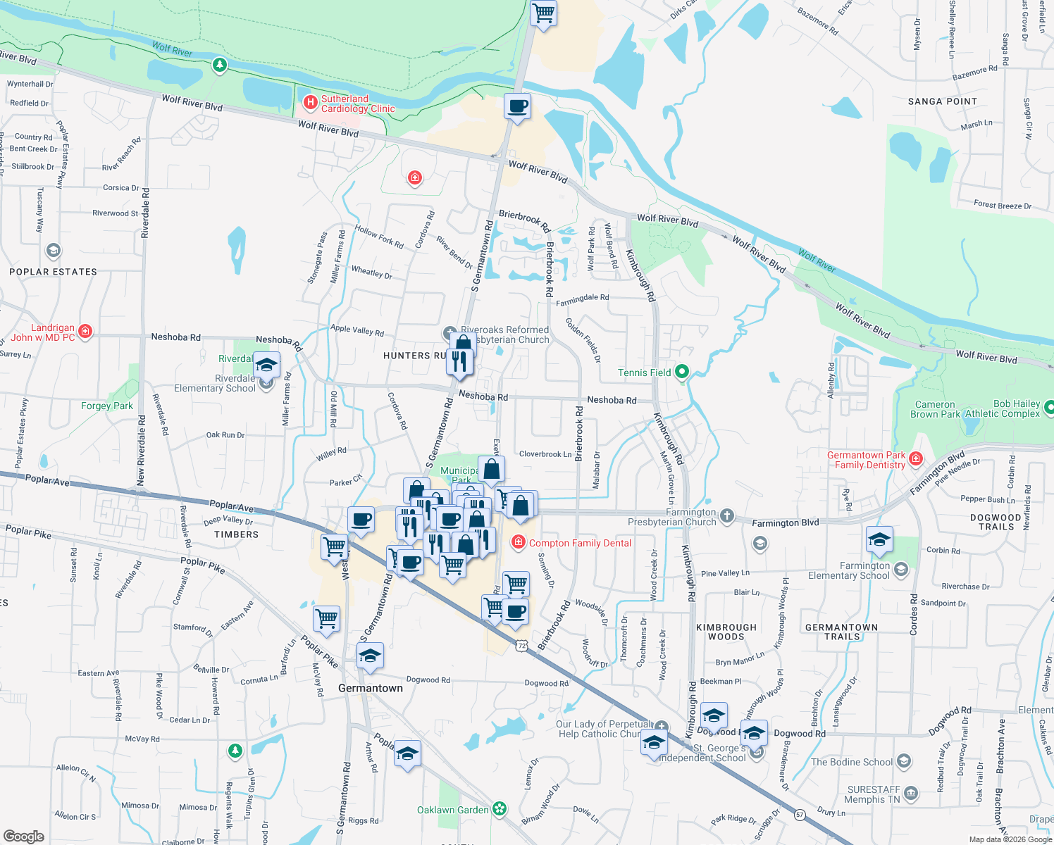 map of restaurants, bars, coffee shops, grocery stores, and more near 1799 Teddington Dr in Germantown