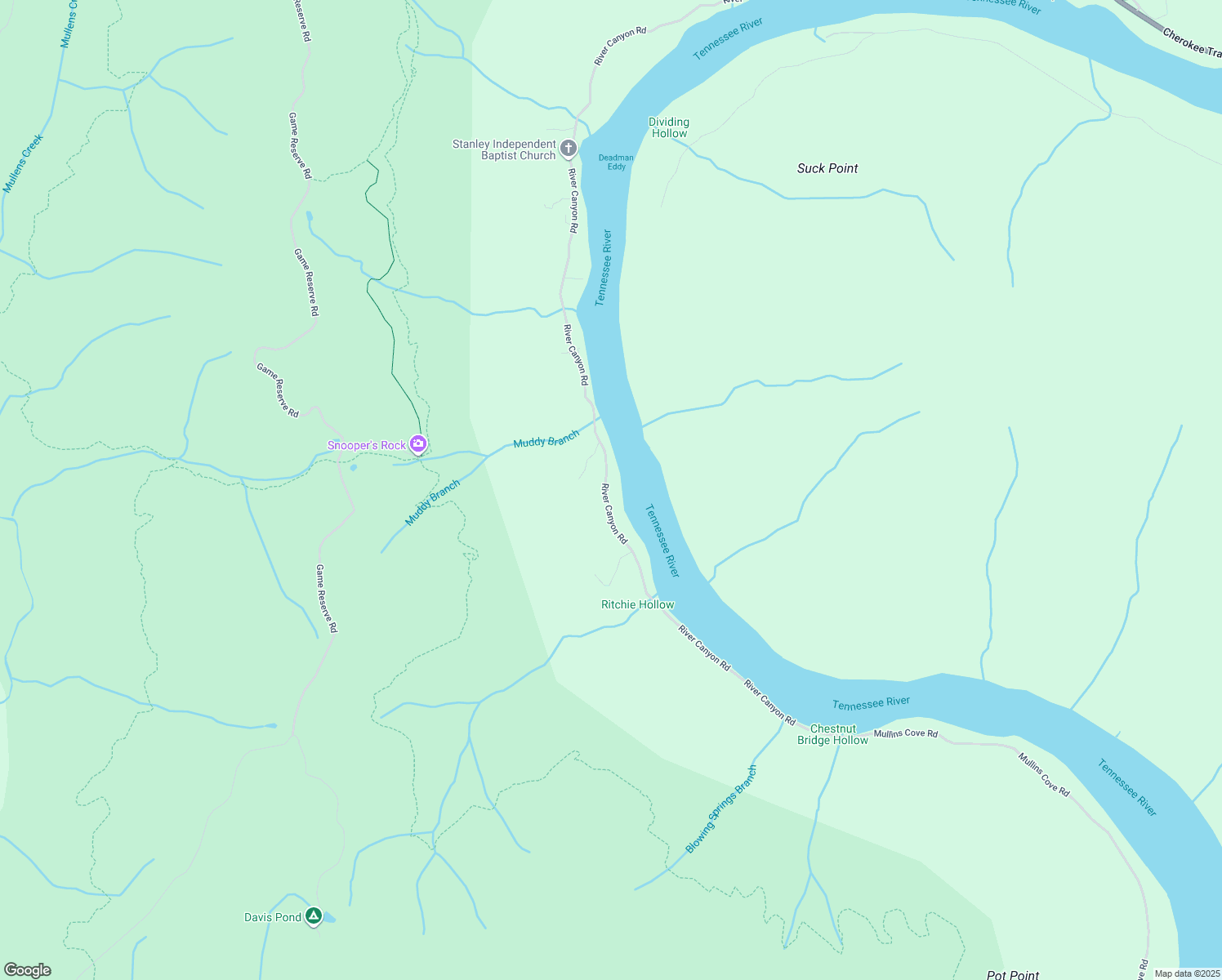 map of restaurants, bars, coffee shops, grocery stores, and more near 19082 River Canyon Road in Chattanooga
