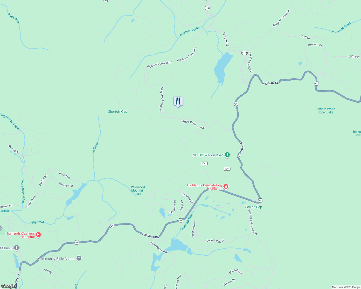 map of restaurants, bars, coffee shops, grocery stores, and more near 92 Highlands Country Club in Highlands