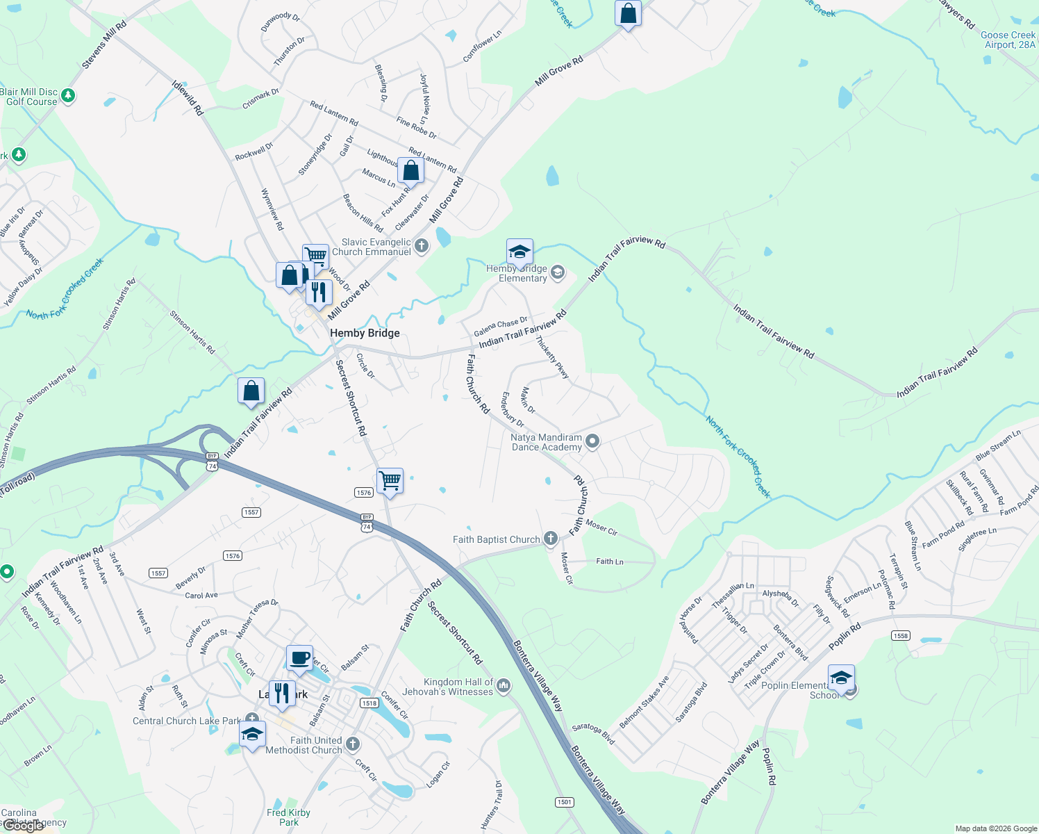 map of restaurants, bars, coffee shops, grocery stores, and more near 1043 Enderbury Drive in Indian Trail