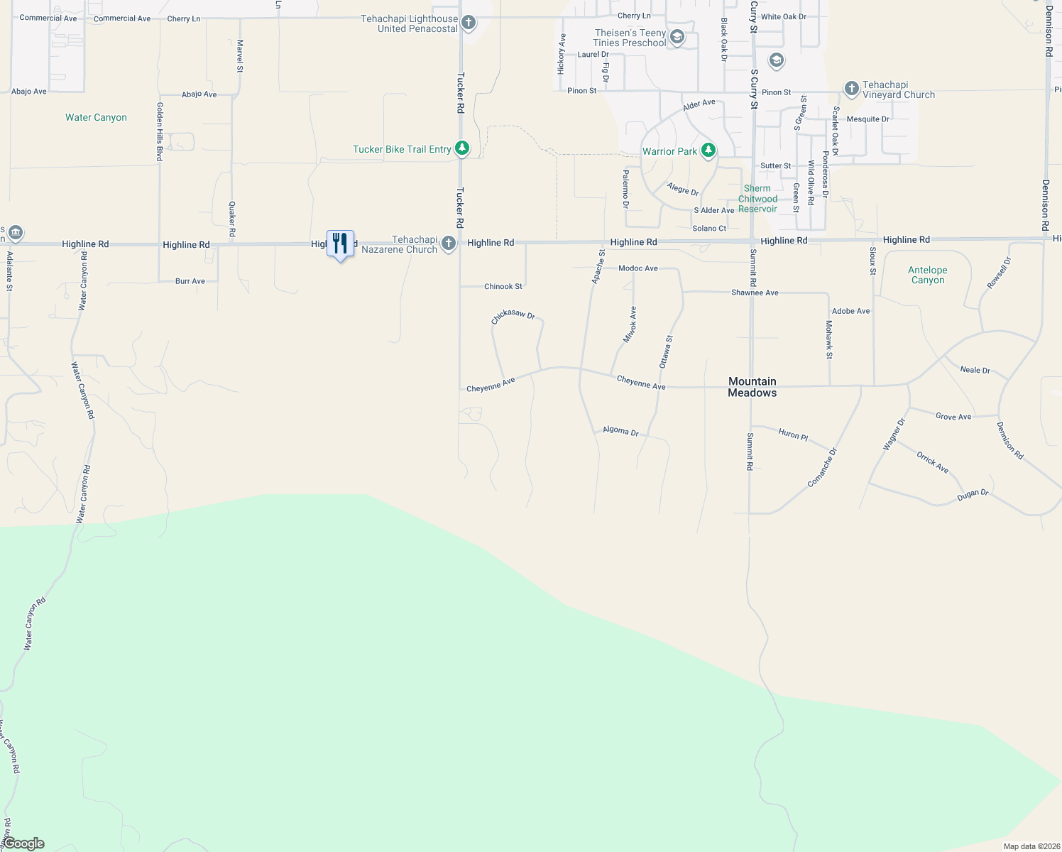 map of restaurants, bars, coffee shops, grocery stores, and more near Siskiyou Drive in Tehachapi