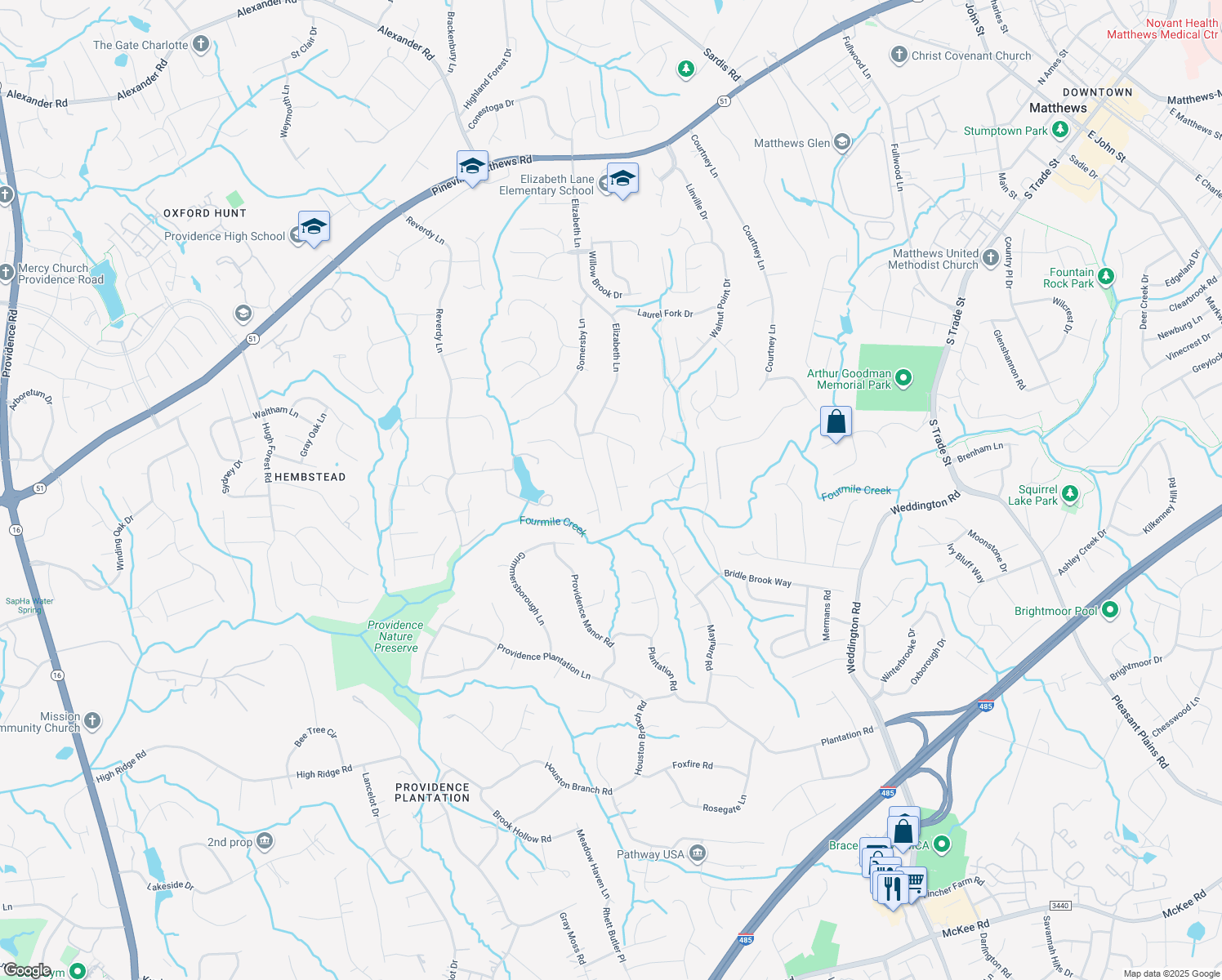 map of restaurants, bars, coffee shops, grocery stores, and more near 733 Barington Place in Matthews