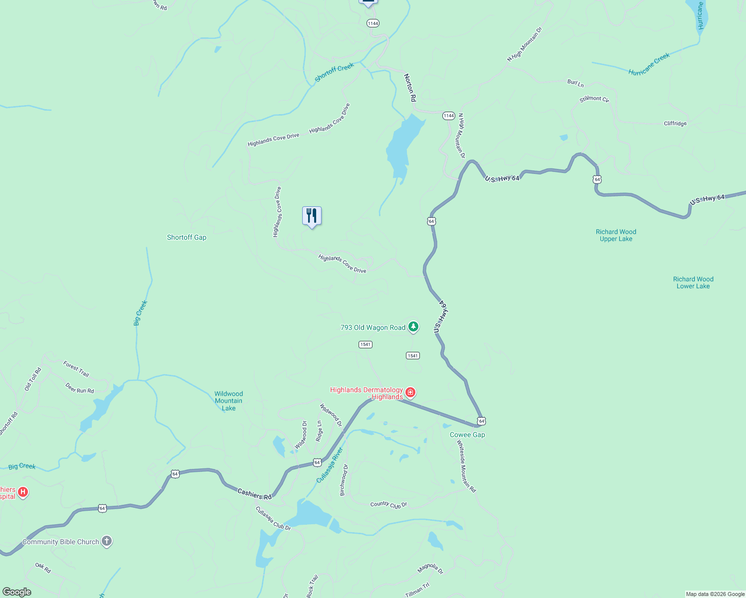 map of restaurants, bars, coffee shops, grocery stores, and more near 271 Old Wagon Road in Sylva