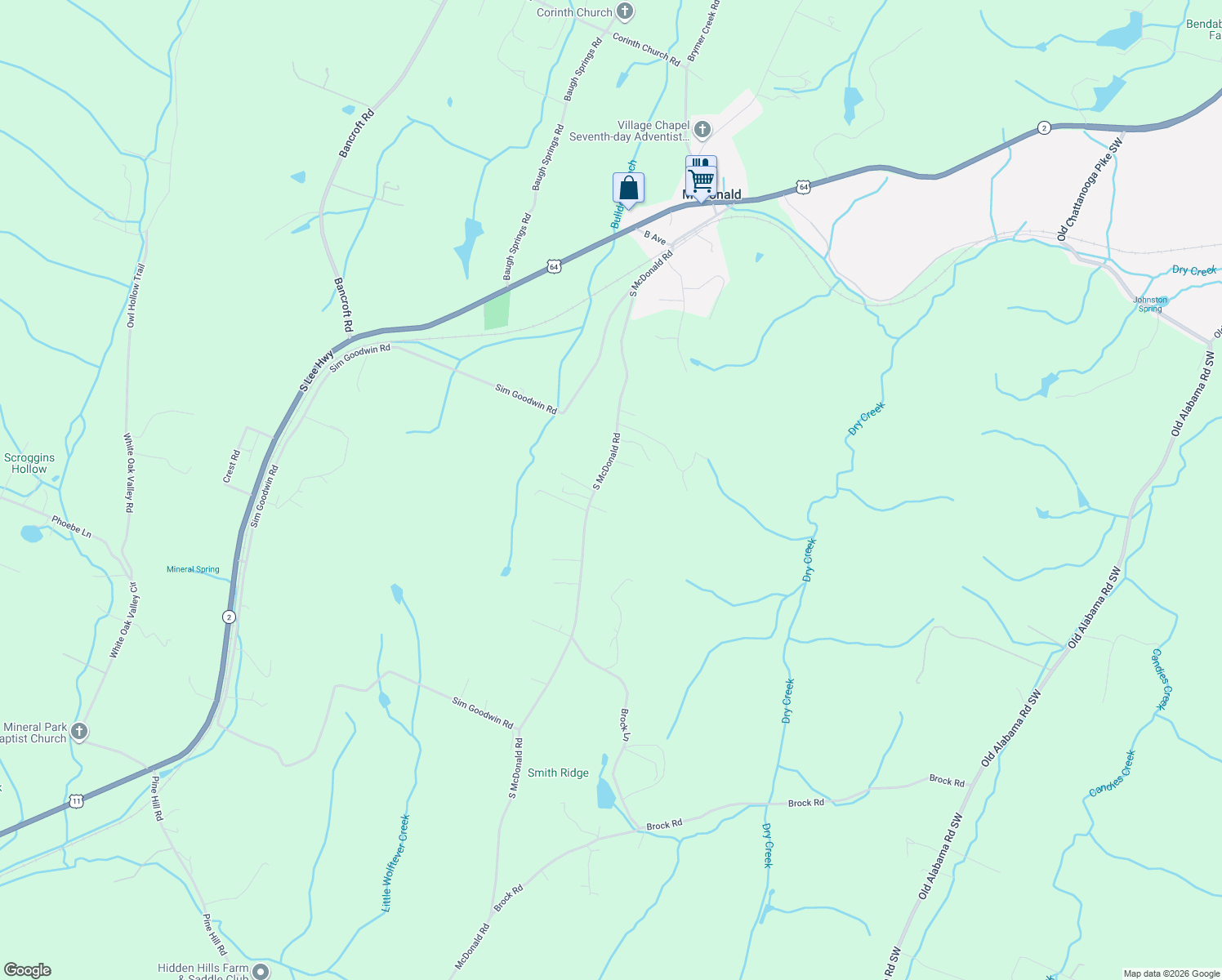 map of restaurants, bars, coffee shops, grocery stores, and more near 667 South Mc Donald Road in McDonald