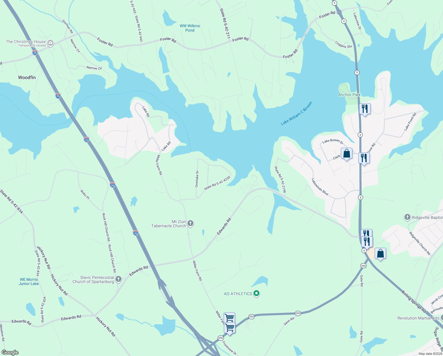 map of restaurants, bars, coffee shops, grocery stores, and more near 370 Hillside Drive in Inman
