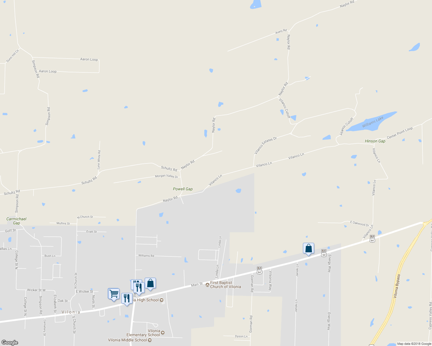 map of restaurants, bars, coffee shops, grocery stores, and more near 230 Vilanco Lane in Vilonia