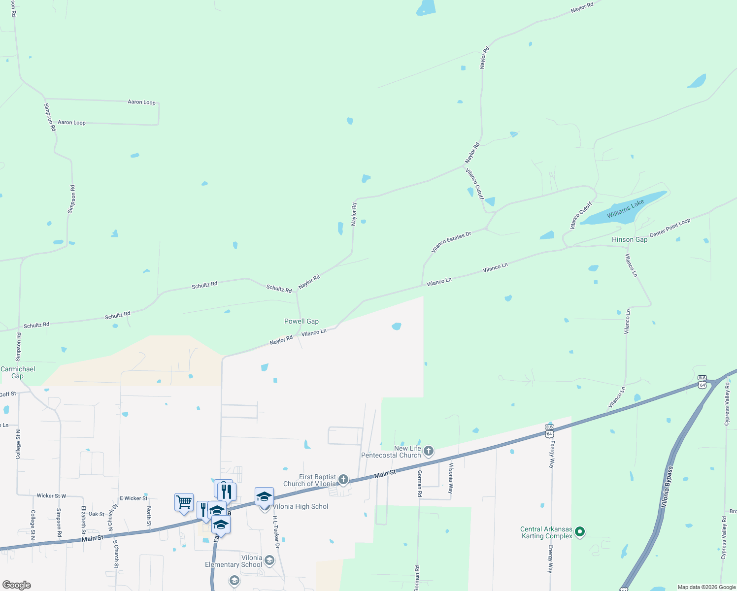 map of restaurants, bars, coffee shops, grocery stores, and more near 230 Vilanco Lane in Vilonia