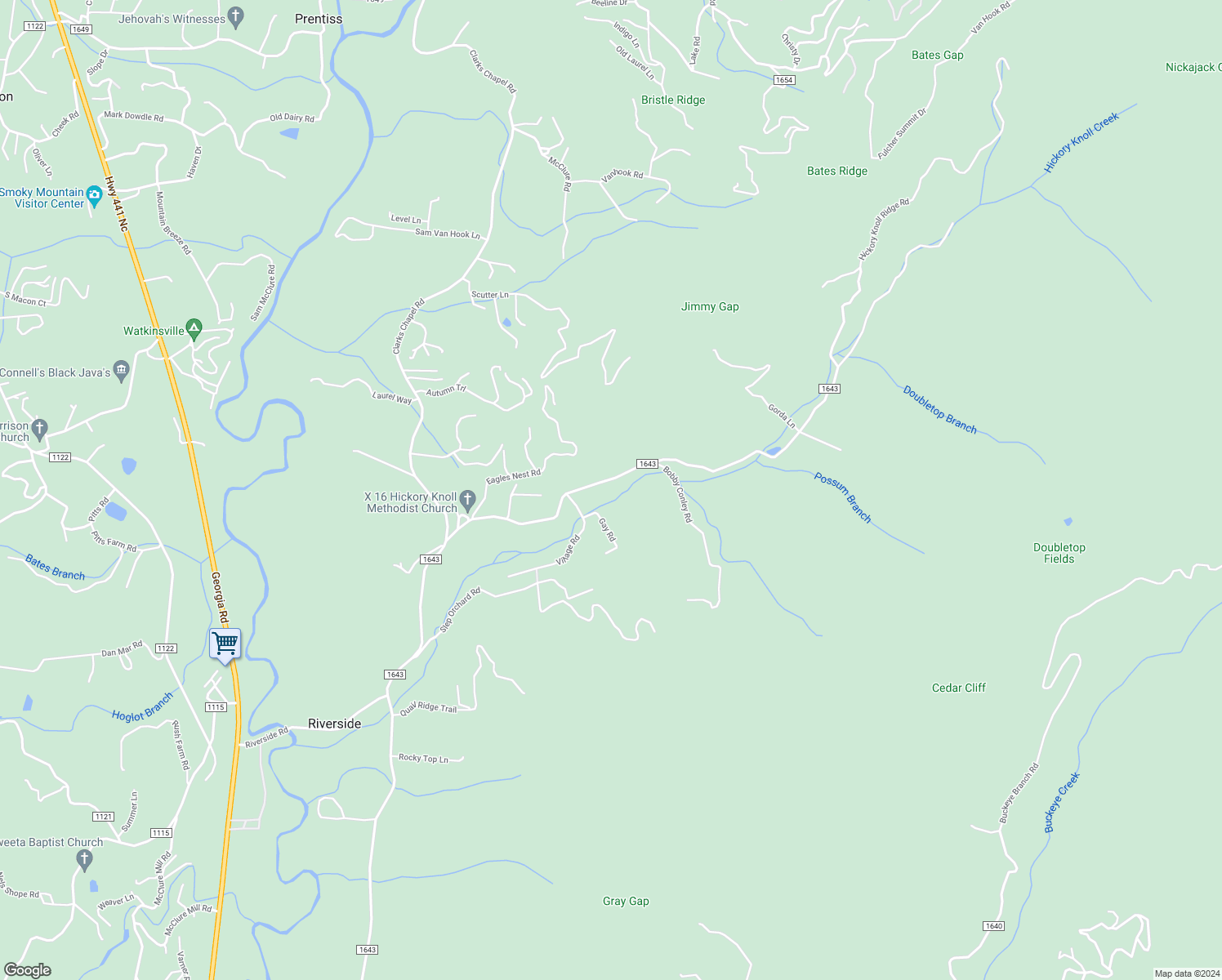 map of restaurants, bars, coffee shops, grocery stores, and more near 565 East Hickory Knoll Road in Franklin
