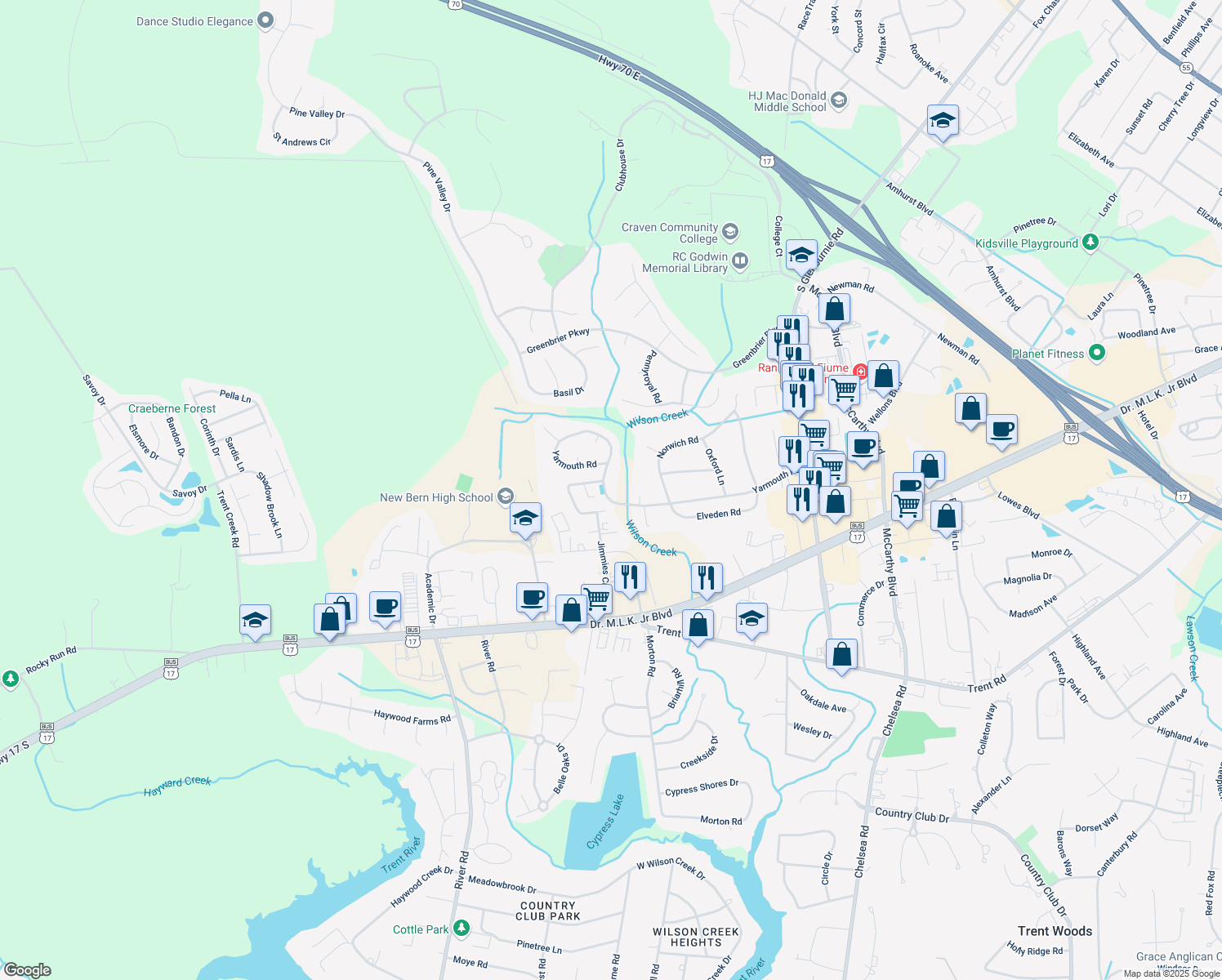 map of restaurants, bars, coffee shops, grocery stores, and more near 3908 Yarmouth Rd in New Bern