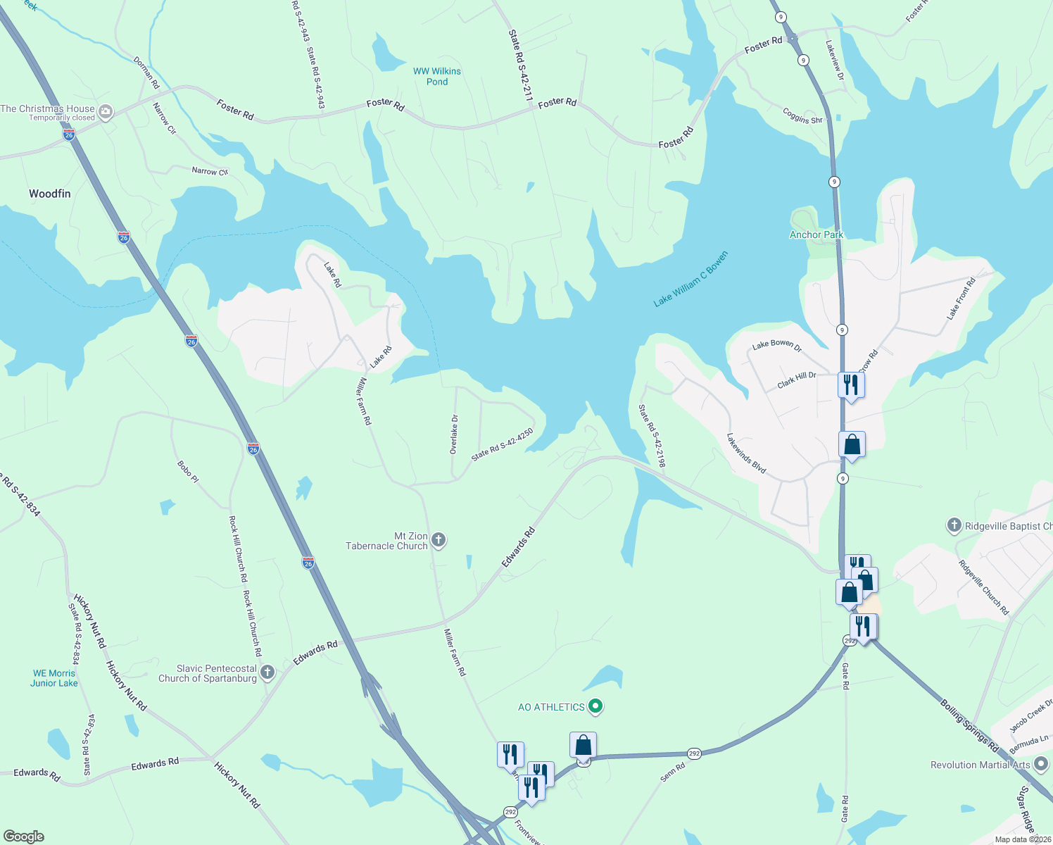 map of restaurants, bars, coffee shops, grocery stores, and more near 406 Hillside Drive in Inman