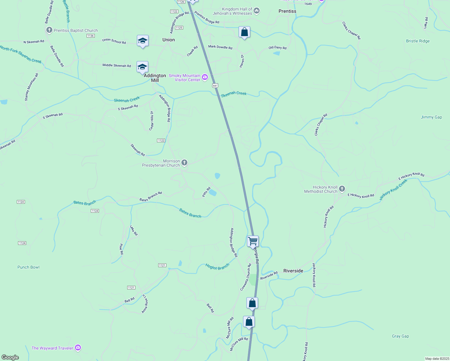 map of restaurants, bars, coffee shops, grocery stores, and more near 2096 Addington Bridge Road in Franklin