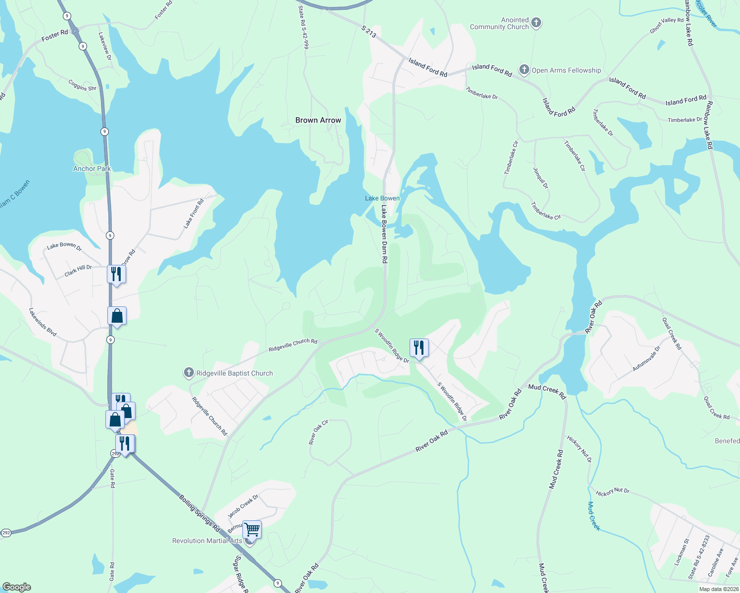 map of restaurants, bars, coffee shops, grocery stores, and more near 519 Willbrook Court in Inman