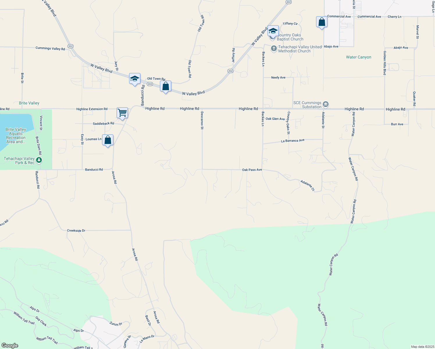 map of restaurants, bars, coffee shops, grocery stores, and more near Oak Pass Avenue in Tehachapi