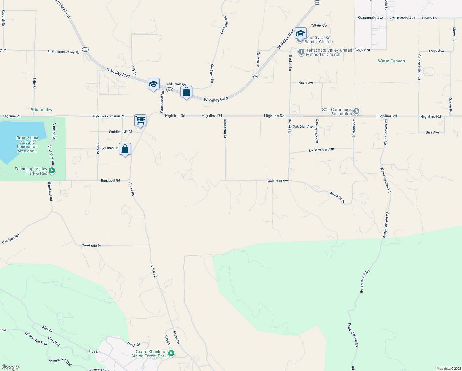 map of restaurants, bars, coffee shops, grocery stores, and more near Oak Pass Avenue in Tehachapi