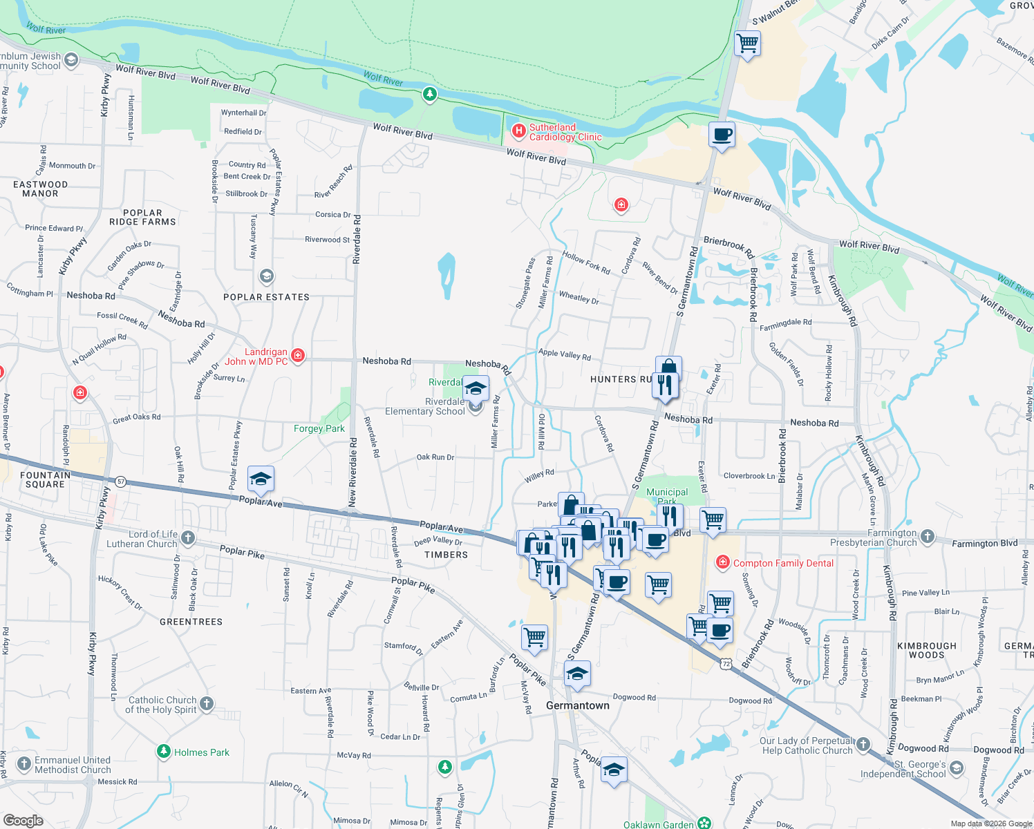 map of restaurants, bars, coffee shops, grocery stores, and more near 1741 Magnolia Tree Road in Memphis