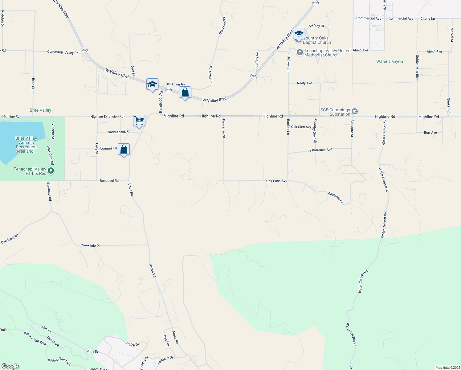 map of restaurants, bars, coffee shops, grocery stores, and more near Oak Pass Avenue in Tehachapi