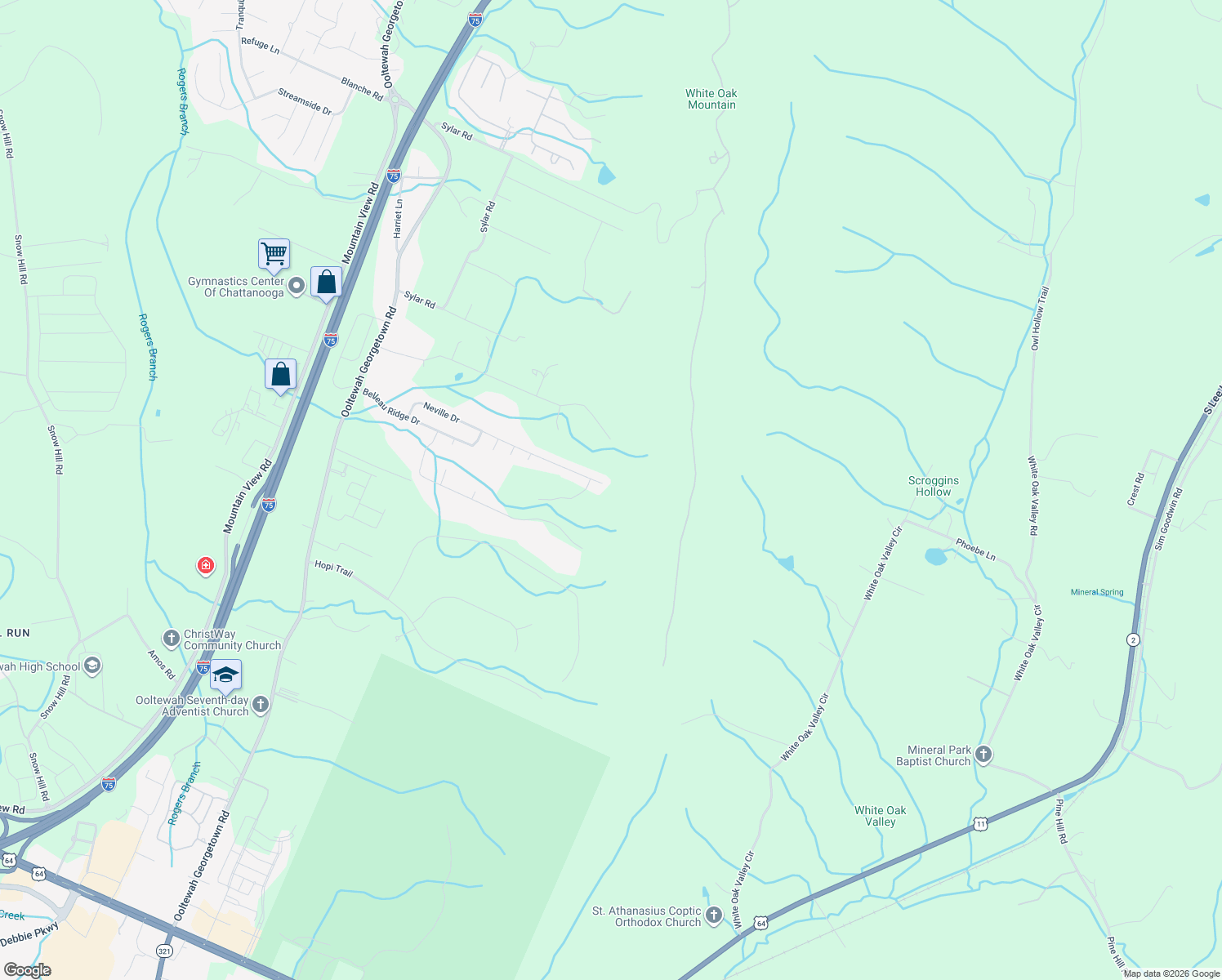 map of restaurants, bars, coffee shops, grocery stores, and more near 7244 Neville Drive in Ooltewah