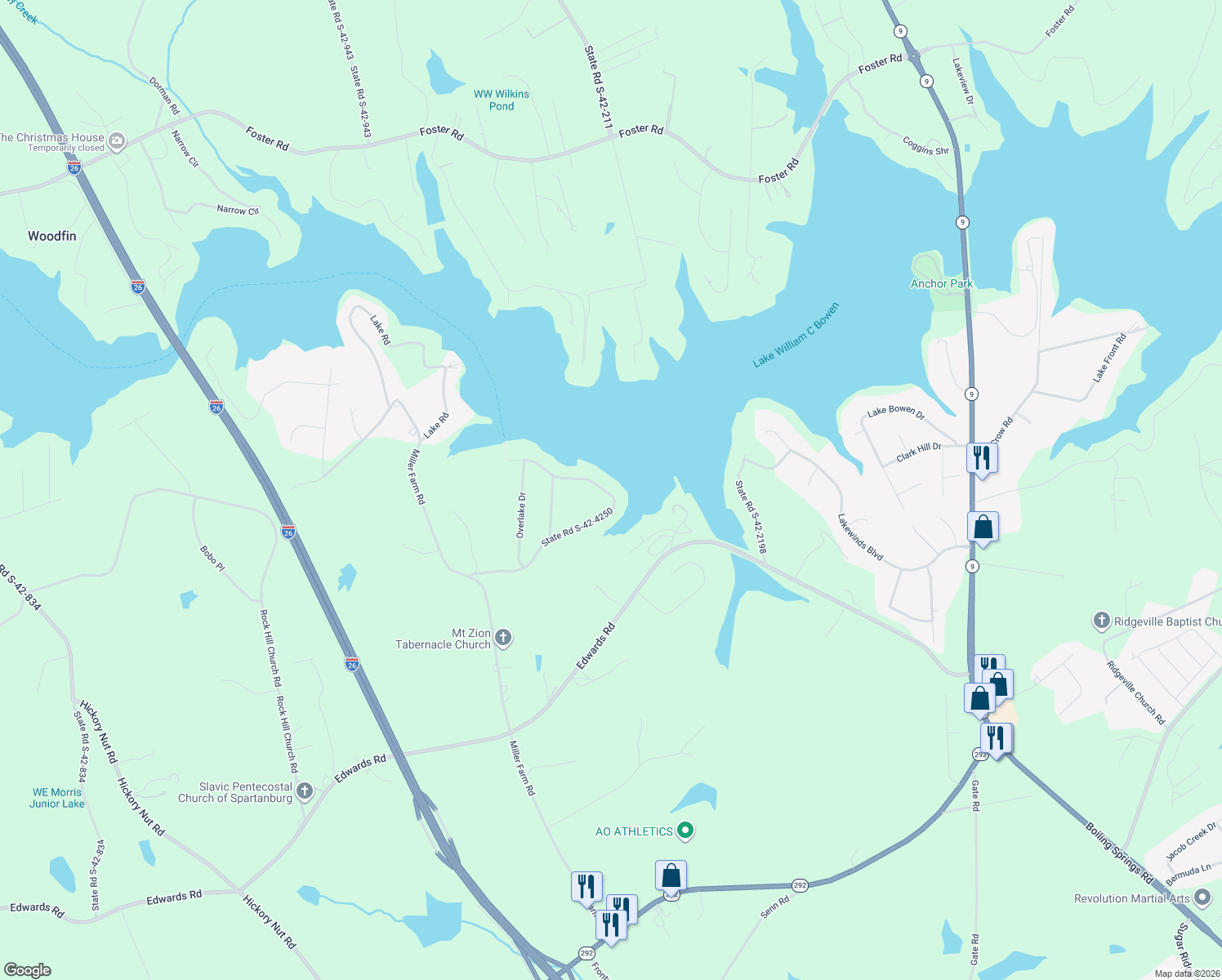 map of restaurants, bars, coffee shops, grocery stores, and more near 406 Hillside Drive in Inman
