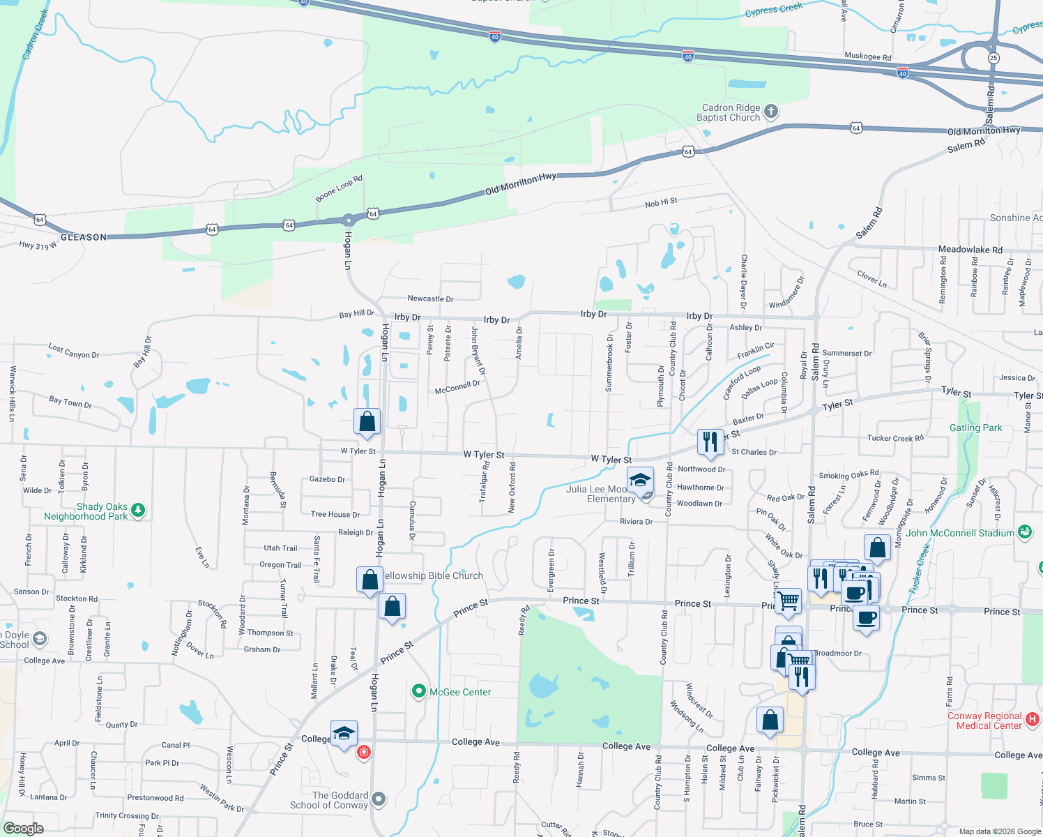 map of restaurants, bars, coffee shops, grocery stores, and more near 3615 Aspen Circle in Conway