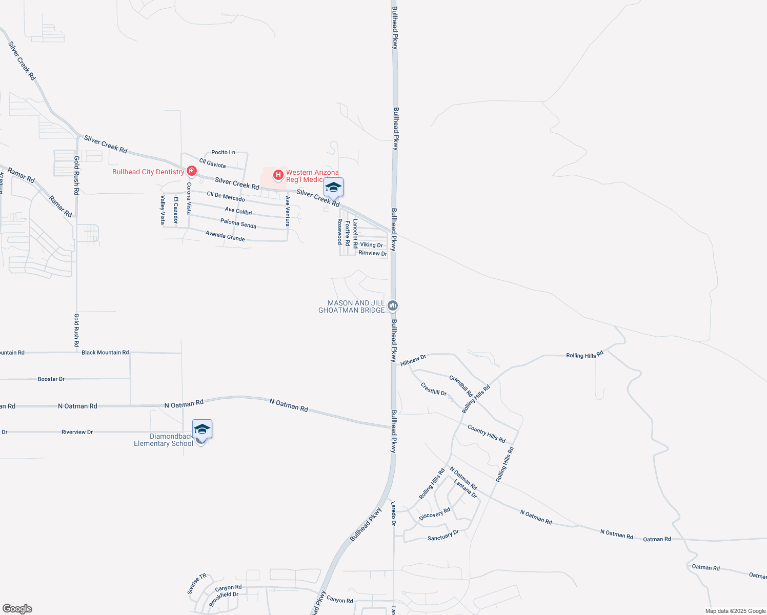 map of restaurants, bars, coffee shops, grocery stores, and more near 2594 Montano Ridge Drive in Bullhead City