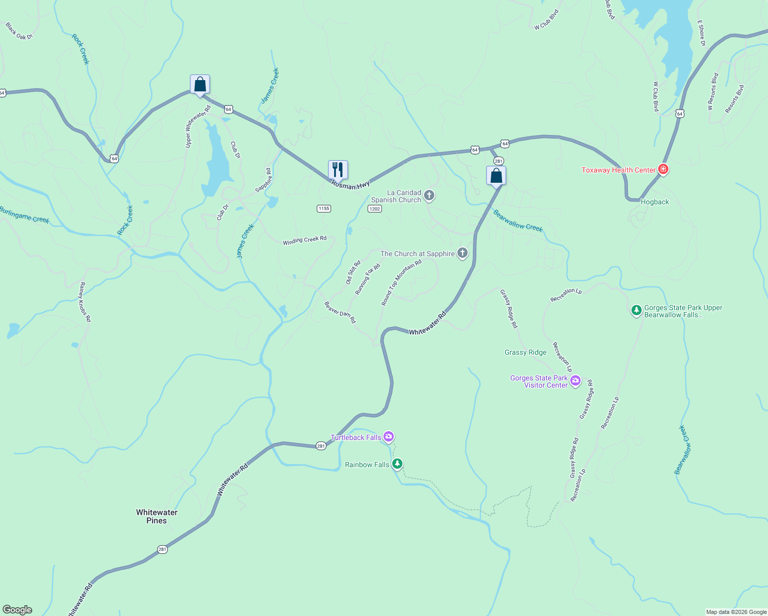map of restaurants, bars, coffee shops, grocery stores, and more near 176 Round Top Mountain Crest Road in Sapphire