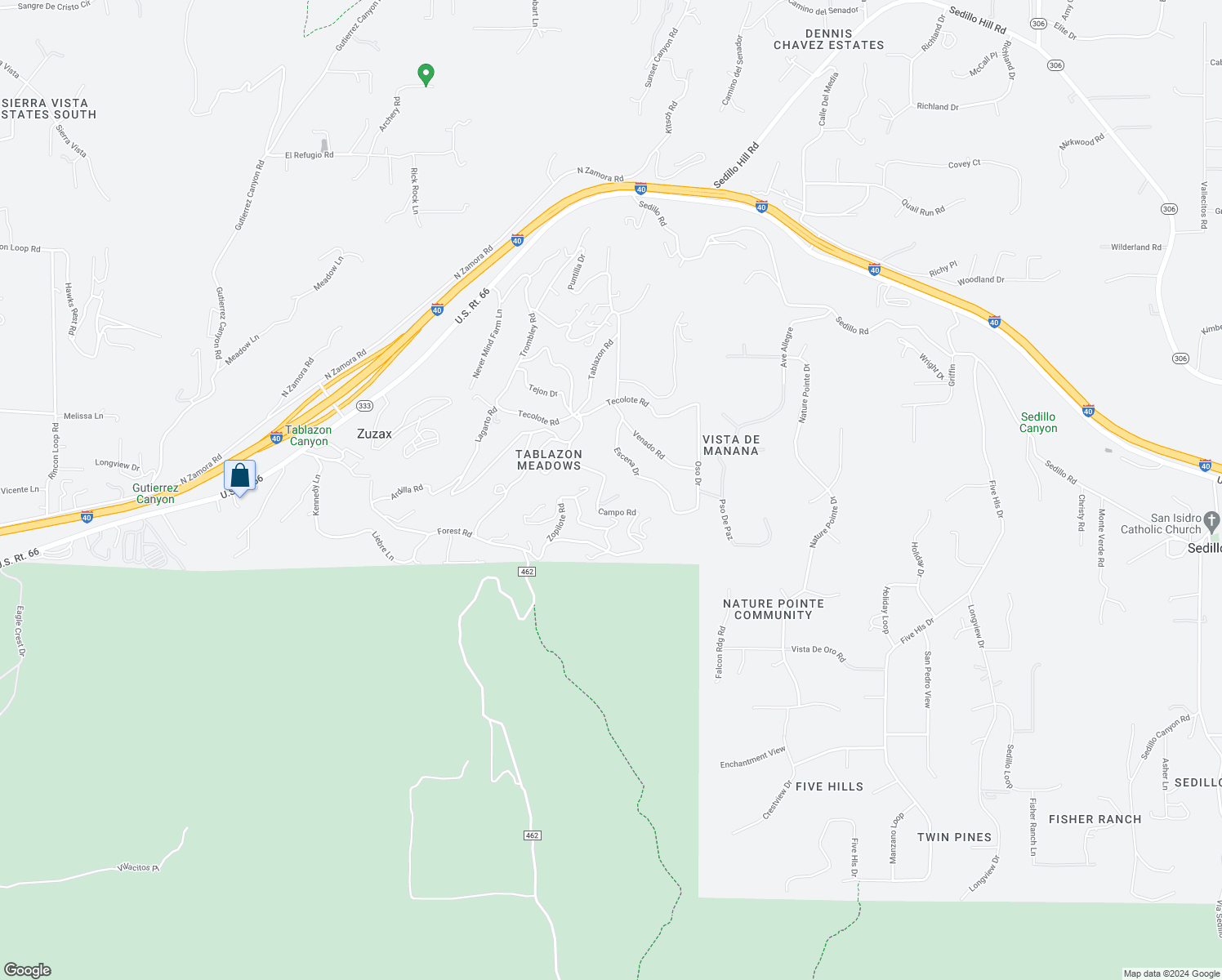 map of restaurants, bars, coffee shops, grocery stores, and more near 40 Campo Road in Tijeras