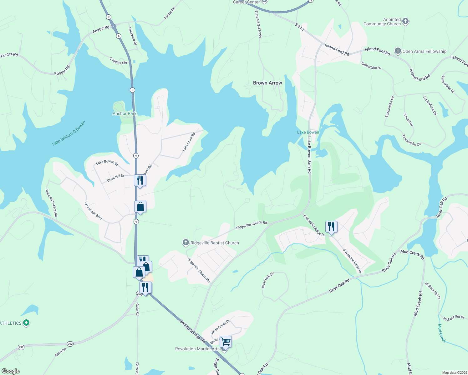 map of restaurants, bars, coffee shops, grocery stores, and more near Harbison Circle in Spartanburg County