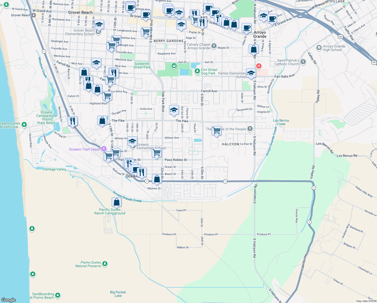 map of restaurants, bars, coffee shops, grocery stores, and more near 1550 Nabal Court in Oceano