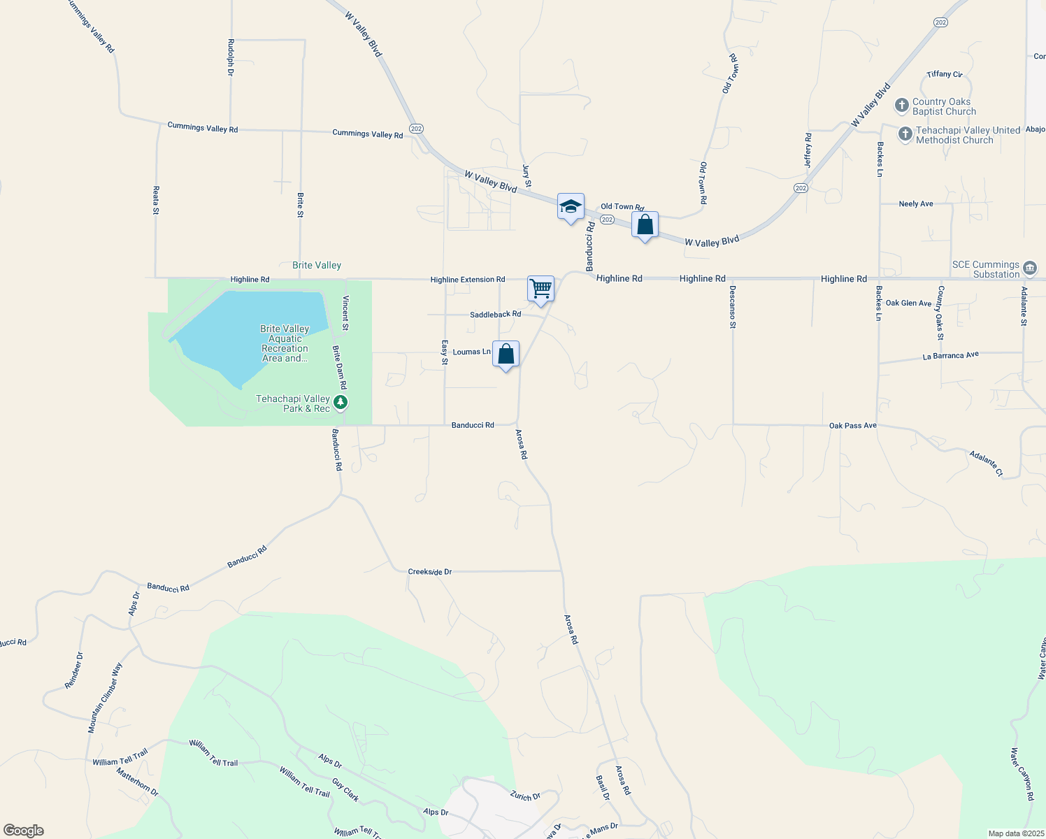 map of restaurants, bars, coffee shops, grocery stores, and more near 19510 Banducci Road in Tehachapi