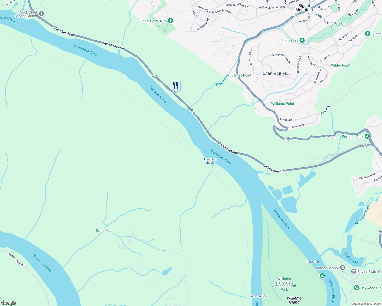 map of restaurants, bars, coffee shops, grocery stores, and more near 2401 Cash Canyon Road in Chattanooga