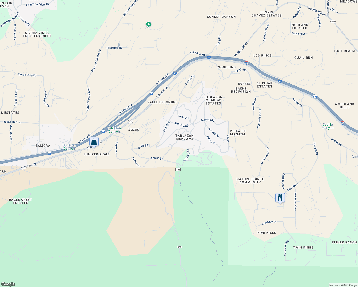 map of restaurants, bars, coffee shops, grocery stores, and more near 8 La Vuelta Road in Tijeras