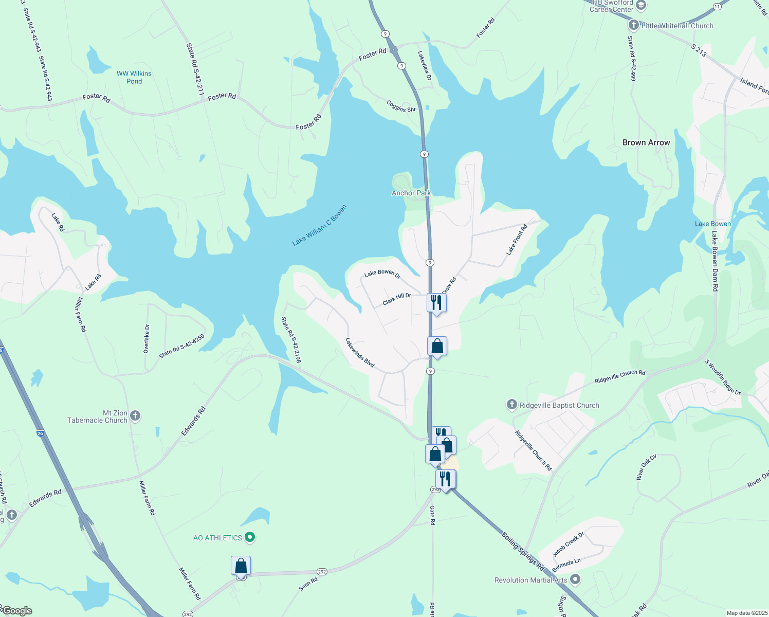 map of restaurants, bars, coffee shops, grocery stores, and more near 109 Clark Hill Drive in Inman