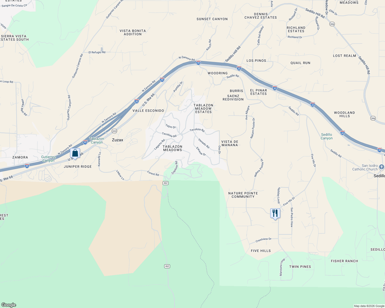 map of restaurants, bars, coffee shops, grocery stores, and more near 44 Campo Road in Tijeras