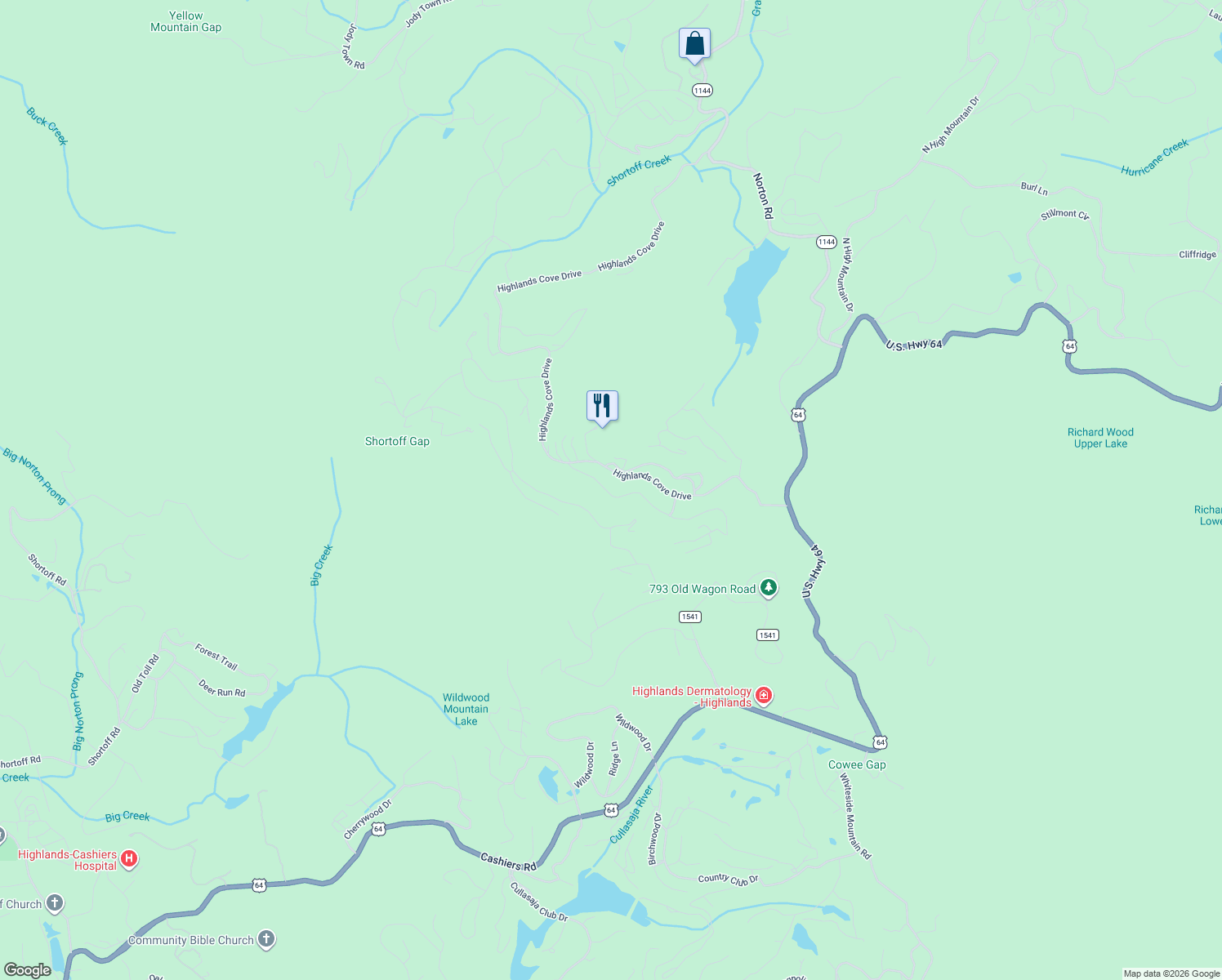 map of restaurants, bars, coffee shops, grocery stores, and more near 3 Highlands Country Club in Highlands