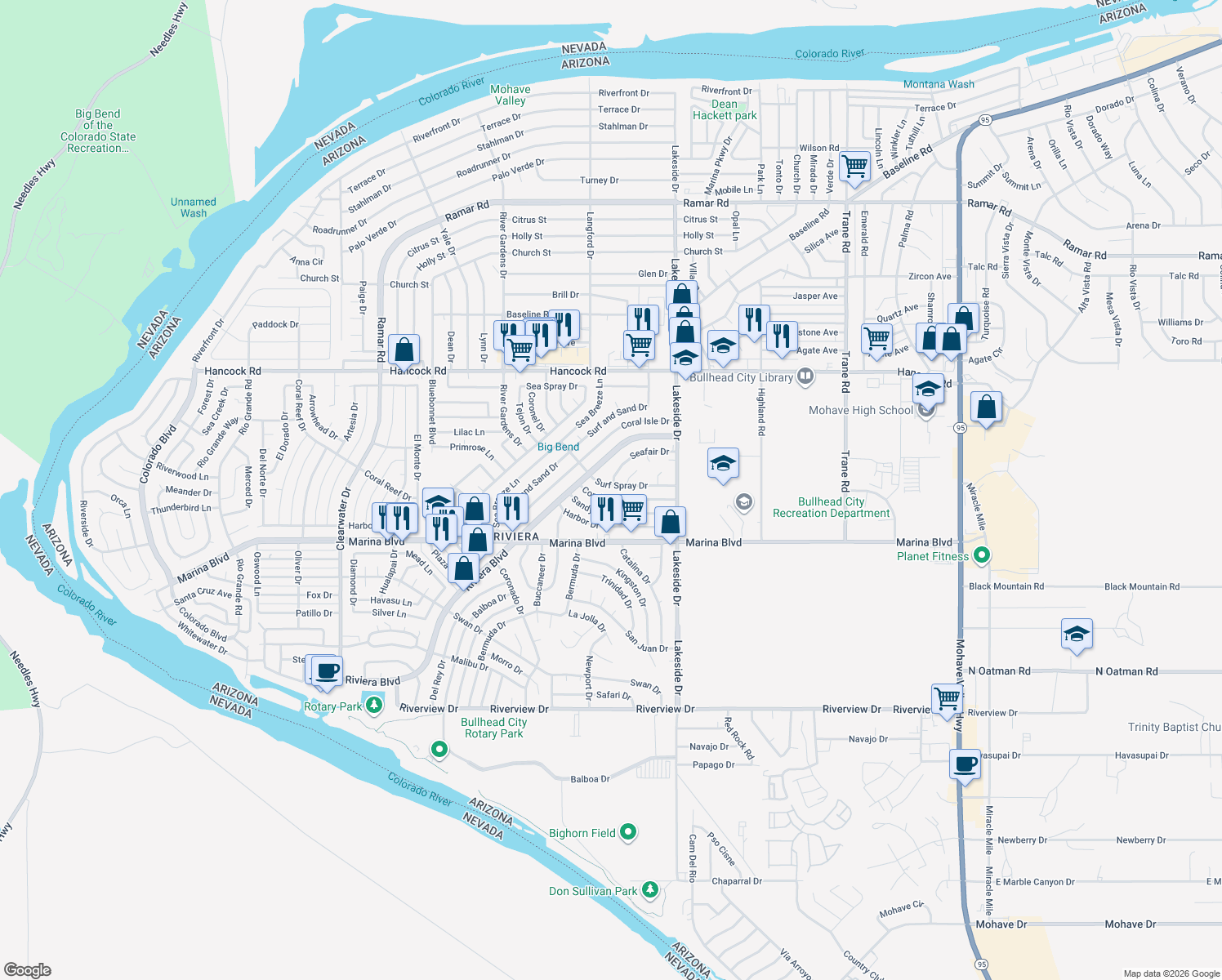 map of restaurants, bars, coffee shops, grocery stores, and more near 916 Surf Spray Drive in Bullhead City