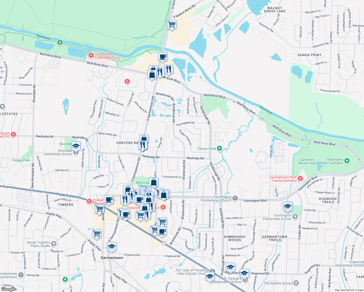 map of restaurants, bars, coffee shops, grocery stores, and more near 1693 Brierbrook Road in Germantown
