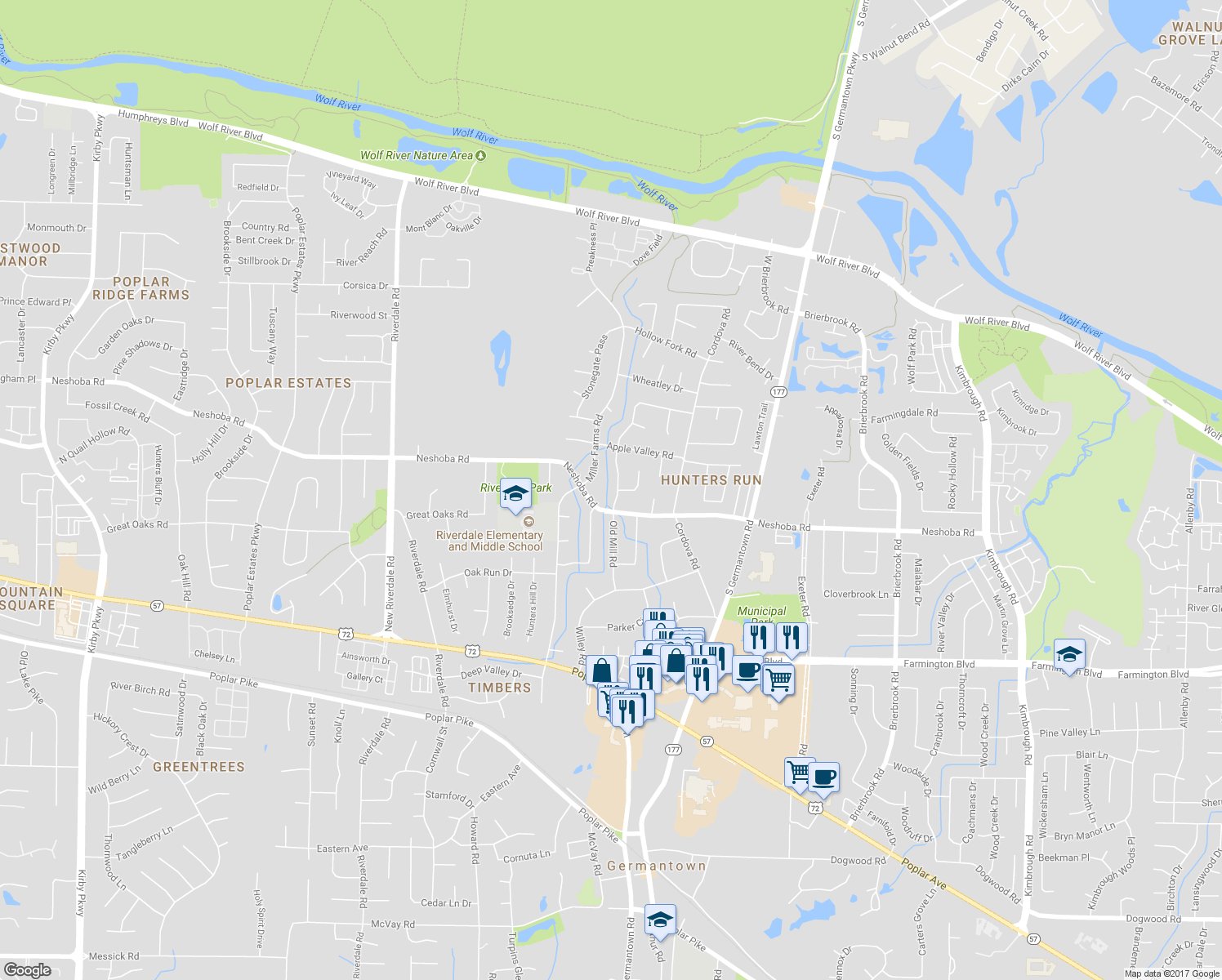 map of restaurants, bars, coffee shops, grocery stores, and more near 1695 Old Mill Road in Germantown
