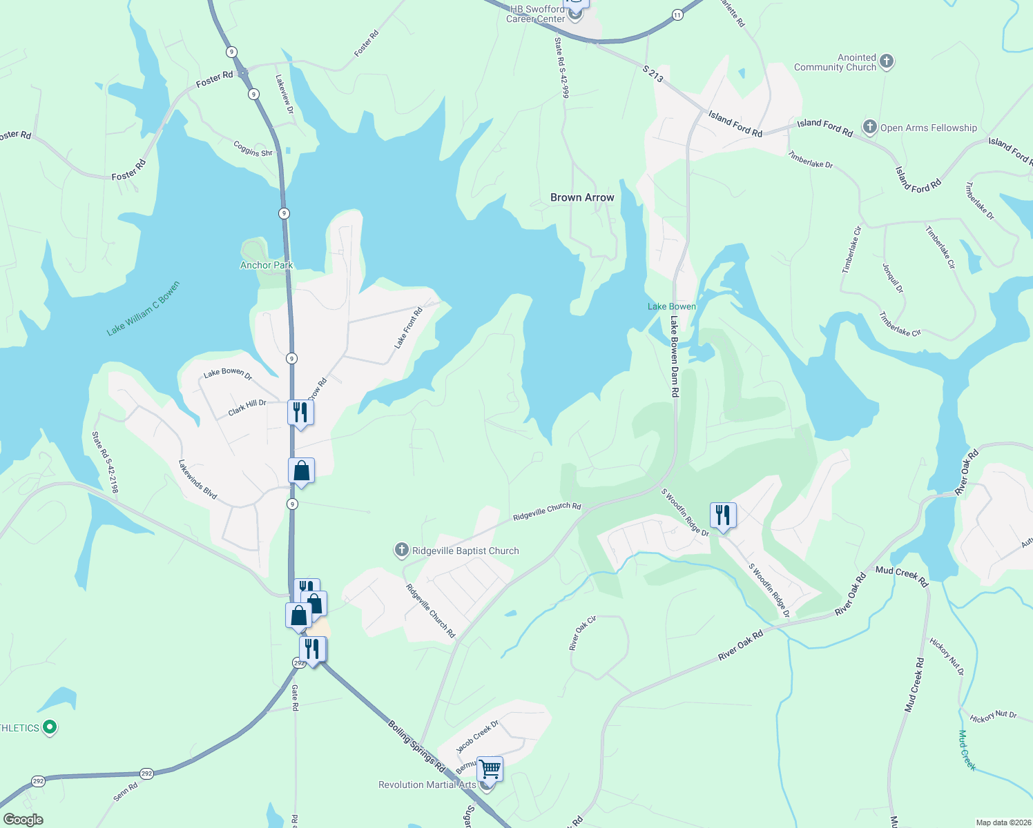 map of restaurants, bars, coffee shops, grocery stores, and more near 156 Zimmerman Drive in Inman