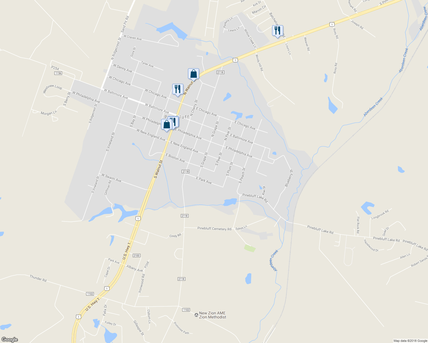 map of restaurants, bars, coffee shops, grocery stores, and more near East Boston Avenue in Pinebluff
