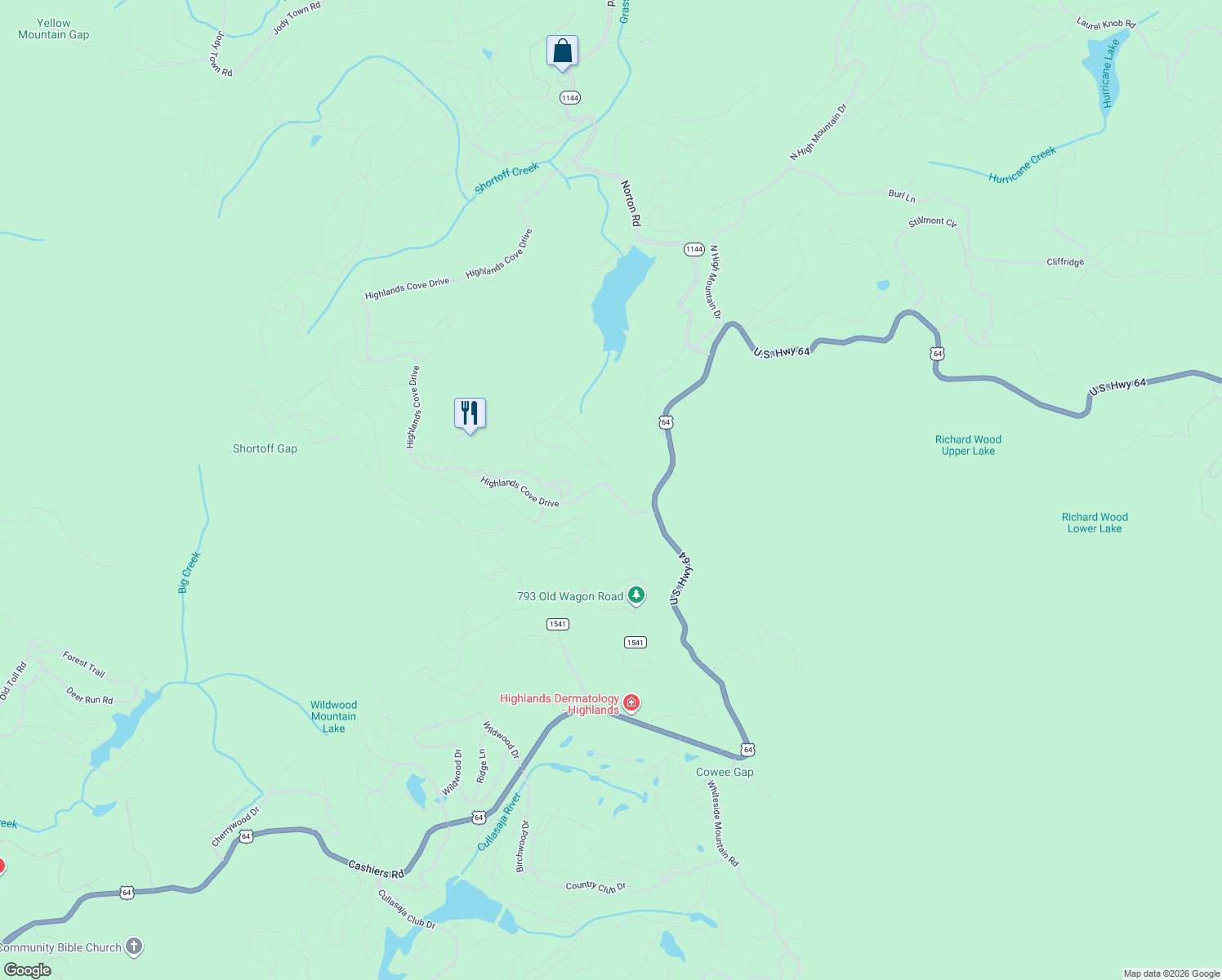 map of restaurants, bars, coffee shops, grocery stores, and more near 178 Highlands Cove Drive in Cashiers