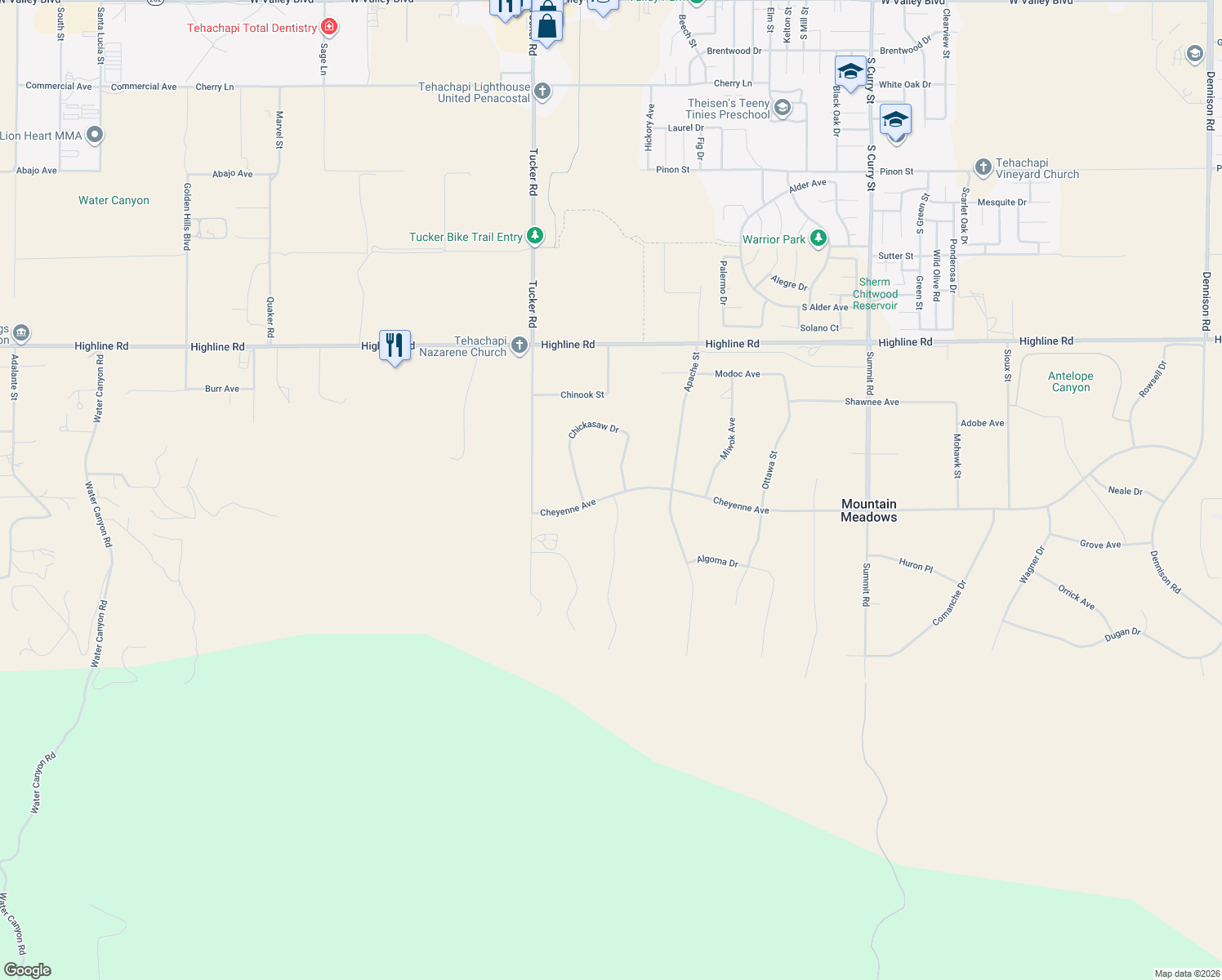 map of restaurants, bars, coffee shops, grocery stores, and more near 18701 Cheyenne Avenue in Tehachapi