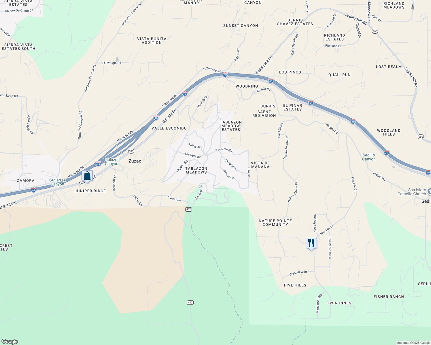 map of restaurants, bars, coffee shops, grocery stores, and more near 44 Campo Road in Tijeras