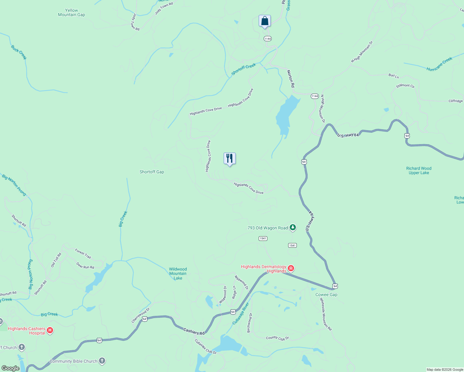 map of restaurants, bars, coffee shops, grocery stores, and more near 3 Highlands Country Club in Highlands