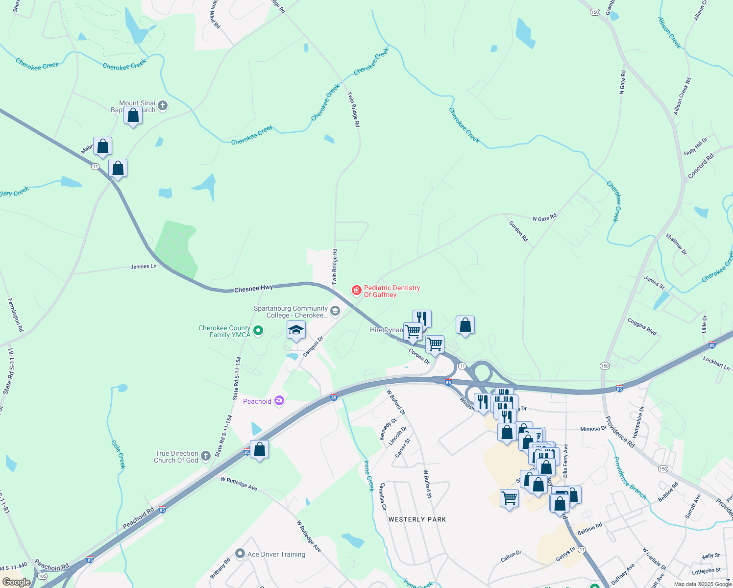 map of restaurants, bars, coffee shops, grocery stores, and more near 136 North Gate Road in Gaffney